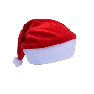 Classic red and white plush velvet Santa hat with white pompom and soft faux fur trim