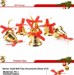 Close-up of golden Christmas tree bells with red bows and product dimensions detail