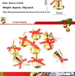 Detail of 4cm gold Christmas bell ornaments with red ribbon bows for tree decoration