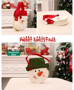 Detail of Christmas felt gift bags featuring 3D Santa and Snowman designs with red handles