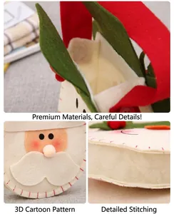 Detail view of felt Christmas gift bag showing internal space and Santa cartoon stitching