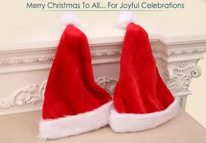 Close-up of thick plush Christmas hats with soft white faux fur trim and red velvet fabric