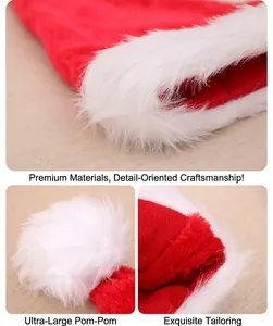 Detail view of high-density plush brim, oversized white pom-pom and stitching on santa hat