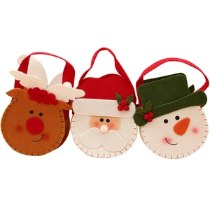 Three-piece felt Christmas gift bags featuring reindeer, Santa Claus, and snowman designs