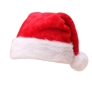 Classic red plush Christmas hat with thick white faux fur trim and fluffy pompom for adults