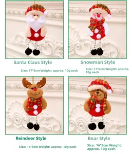 Detail of plush Santa, snowman, reindeer and bear hanging Christmas ornaments