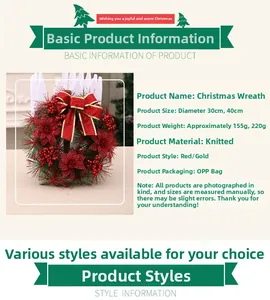 Detail of knitted Christmas wreath with red flowers and golden bows in 30cm and 40cm sizes