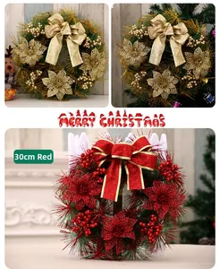 Detail of 30cm artificial Christmas wreath with poinsettia, berries, and bow decoration