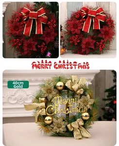 Detail of 40cm Christmas wreaths featuring festive red bows, golden flowers and pine needles