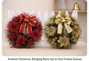 Close-up of red and gold Christmas wreaths with festive bows and decorative flowers