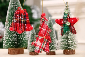 Three-piece plaid Christmas ornaments set with star, tree, and bell fabric pendants