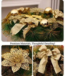 Detail of Christmas wreath with golden bows, glitter flowers and shiny baubles
