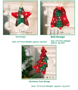 Detailed size chart for star, bell, and tree fabric Christmas ornaments in plaid design