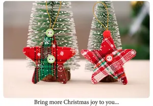 Plaid Christmas star ornaments with central buttons and golden hanging strings