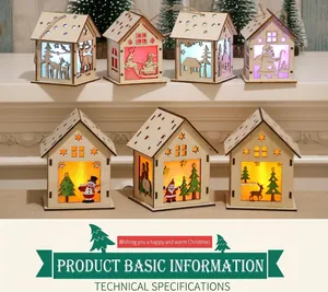 Detailed close-up of DIY wooden LED Christmas house ornaments with laser-cut patterns