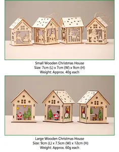 Detailed size comparison of laser-cut wooden Christmas houses with festive patterns