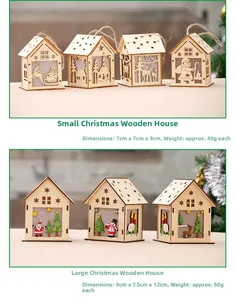 Detailed size comparison of laser-cut wooden Christmas houses with festive patterns