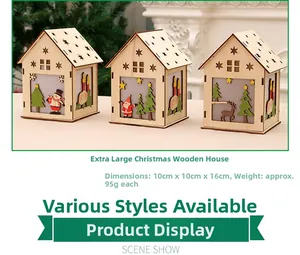 Detailed view of 10x10x16cm glowing wooden Christmas houses with festive reindeer patterns