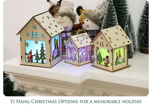 Three illuminated wooden Christmas houses with LED lights and reindeer cutout designs