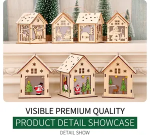 Detail show of glowing wooden Christmas house ornaments with reindeer and Santa designs