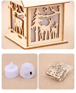 Macro detail of DIY wooden Christmas house kit showing LED candle and flat packaging