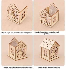 Step-by-step assembly guide for DIY wooden Christmas house with festive laser-cut patterns
