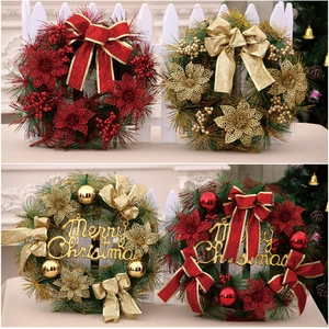 Artificial Christmas Wreath With Red Gold Glitter Bow Flowers Berries Decoration For Front Door Home Office Mall Wall Hanging Decor