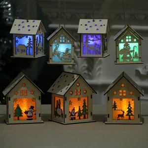 Glowing Wooden Christmas House Ornament LED Light Hanging Cabin Santa Claus Reindeer Snowman Xmas Party Hotel Home Decor