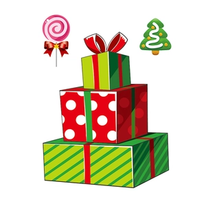 Detail of Christmas window stickers featuring colorful gift boxes and candy decorations