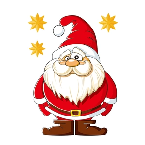 Detailed view of cartoon Santa Claus sticker with golden stars for window decoration