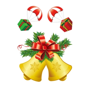 Christmas window decals showing golden bells, red bow, pine branches and falling gift boxes