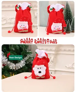 Detail of Christmas velvet drawstring bags with 3D snowman and bear holiday decorations