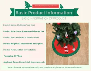Detail of red and green non-woven Christmas tree skirt with festive Santa Claus patterns