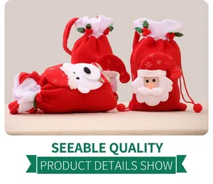 Detail of 3D Santa and snowman Christmas drawstring bags made of premium red velvet fabric