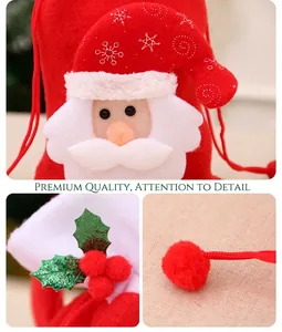 Macro shot of 3D Santa Claus felt gift bag with intricate embroidery and drawstring detail