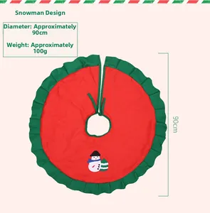 Detail of 90cm red snowman Christmas tree skirt with green ruffled edges and tie closure