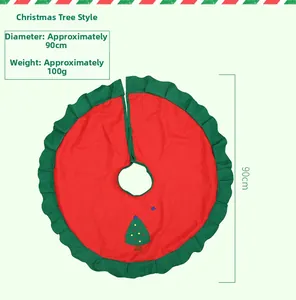Detailed view of 90cm Christmas tree skirt with embroidered tree and green ruffle edge