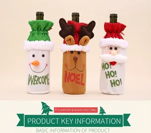 Detailed view of Santa, Snowman, and Reindeer wine bottle covers for Christmas decor