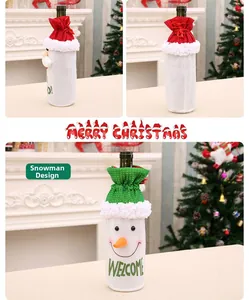 Detailed view of plush snowman and Santa wine bottle covers with Welcome lettering