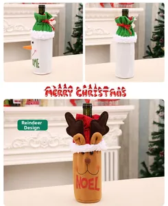 Detail of Christmas wine bottle covers featuring plush reindeer and snowman patterns