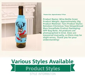 Detailed specs of blue knitted Christmas beer bottle cover with elk pattern and yarn texture