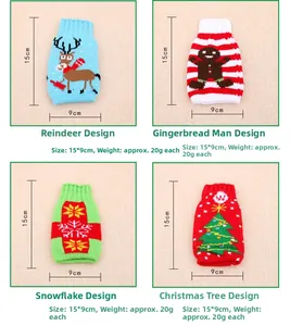 Detail showing set of 4 knitted Christmas beer bottle covers with reindeer and tree motifs