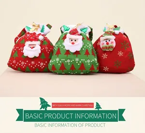 Three festive Christmas drawstring gift bags featuring plush Santa and snowman characters