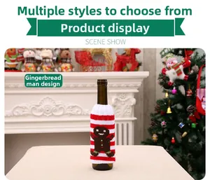 Close-up of knitted Christmas bottle cover with striped pattern and gingerbread man embroidery