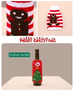 Detailed view of knitted Christmas wine bottle covers with gingerbread and tree patterns