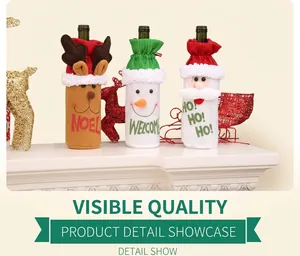Detailed view of plush Santa, Snowman, and Reindeer wine bottle covers on a white mantle