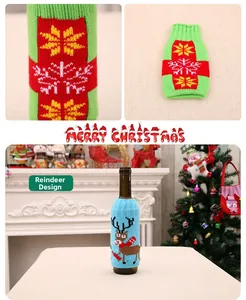 Detail of Christmas knitted wine bottle covers with reindeer and snowflake festive patterns