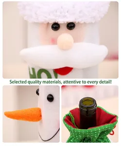 Close-up of Santa Claus and Snowman wine bottle covers with plush details and embroidery