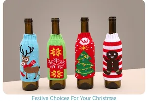 Close-up of four knitted Christmas beer bottle covers with reindeer and snowflake patterns