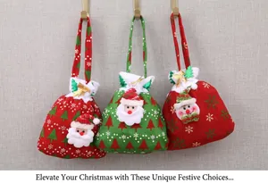 Detail of velvet Christmas gift bags with plush Santa and Snowman hanging on a wooden wall